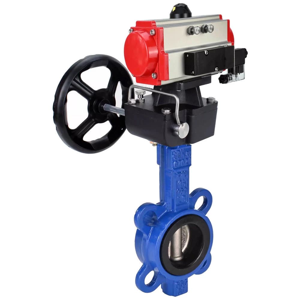 Затвор дисковый поворотный GGG50-316L-EPDM Ду300 Ру16, корпус чугун GGG50, диск нержавеющая сталь 316L, уплотнение EPDM, с пневмоприводом DA-140, с пневмораспределителем PND1-S2EM-52-2-T10-220VAC, ручным дублером HDM-4