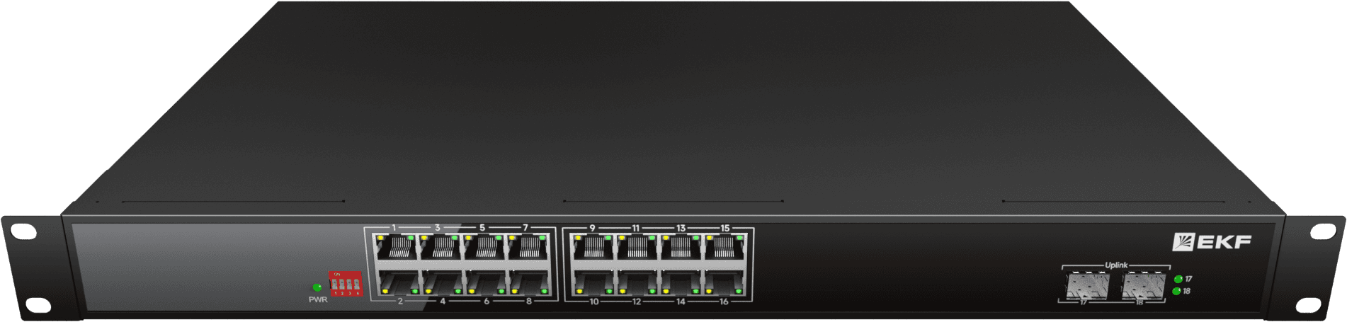 Коммутатор промышленный неуправляемый U-2GX/SFP-16GTP-R, 2 порта 1000Base-X SFP, 16 портов 10/100/1000Base-T(X) RJ45 c PoE, монтаж в 19'' стойку TSX EKF