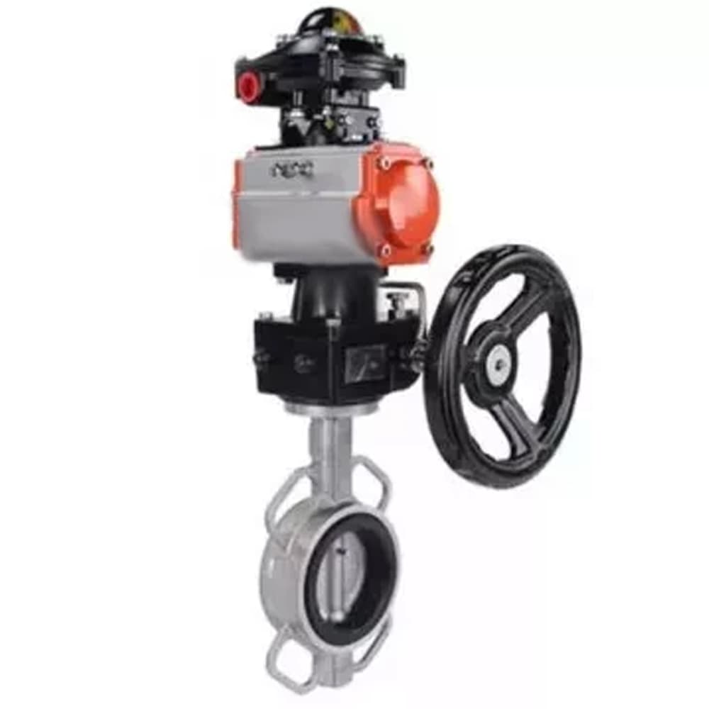 Затвор дисковый поворотный 316L-316L-VITON Ду80 Ру16, корпус и диск нержавеющая сталь 316L, уплотнение Viton, с пневмоприводом DA-083 двойного действия, с БКВ LSB-210-02NM12-220/24, с ручным дублером HDM-2