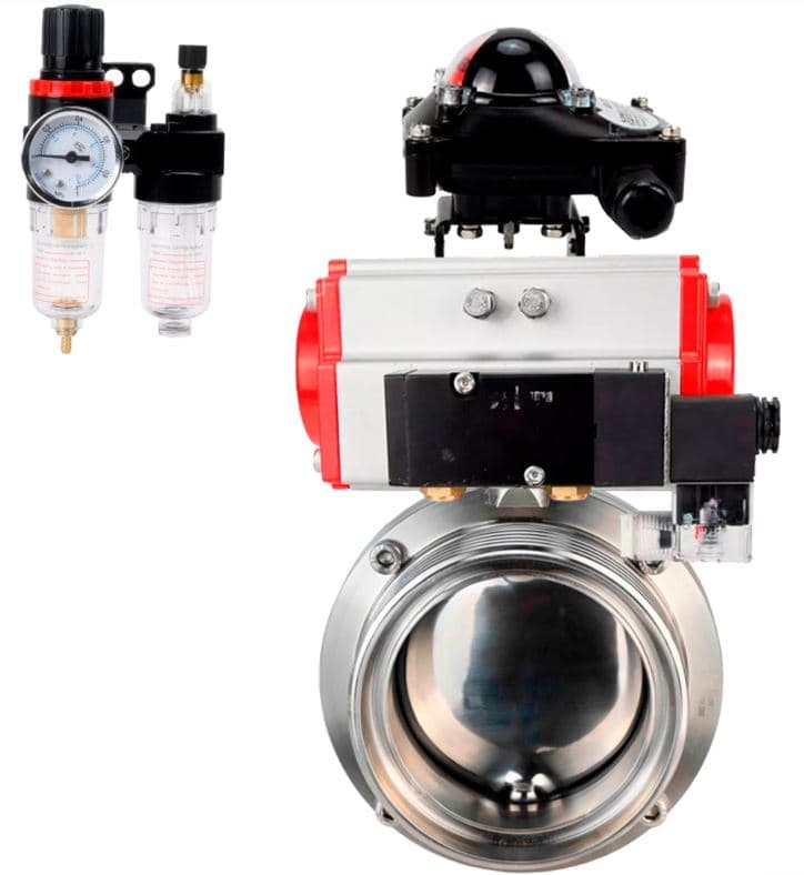 Затвор дисковый поворотный 304-304-Sil-2W-T-H Ду25 Ру10 пищевая нержавеющая сталь 304, уплотнение Silicon, с пневмоприводом DA-065, пневмораспределителем PND2-S1EM-52-1NC-J08-220VAC, БКВ LSB-210-02NM12-220/24 и БПВ APU1-10-40-V08