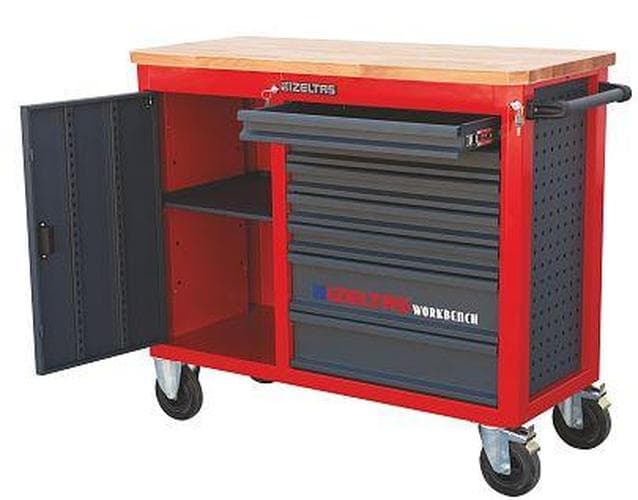 Тележка инструментальная (верстак) серии WORKBENCH с набором инструментов 139 предметов, деревянная столешница, 7 выдвижных ящиков, отделение с распашной дверцей, цвет красно-черный