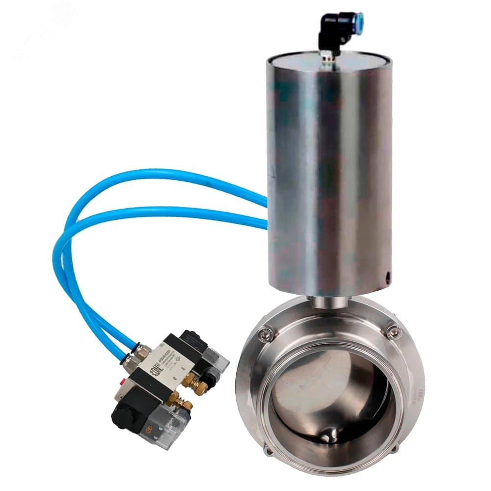 Затвор дисковый поворотный кламповый 304-304-Sil-2W-C-H Ду80 Ру10 корпус пищевая нержавеющая сталь 304, уплотнение Silicon, с пневмоприводом ПВП-85 и пневмораспределителем PND1-S2EM-52-2-T08-220VAC