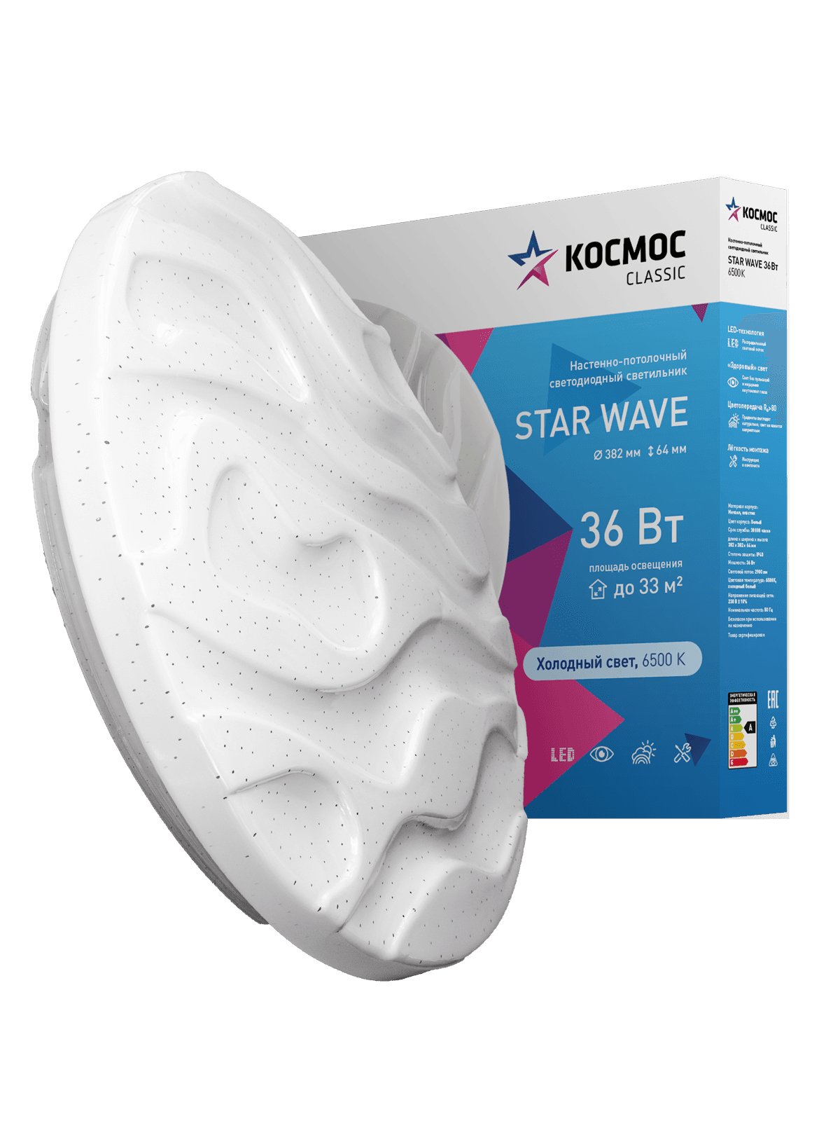Светильник светодиодный ДБО-36 Вт настенно-потолочный STAR WAVE 230В 6500K 2628 Лм 382х64 мм
