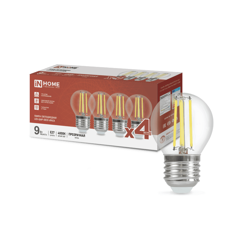 Лампа светодиодная LED-ШАР-deco 4PACK 9Вт 230В Е27 4000К 1040Лм (4шт./упак) прозрачная IN HOME