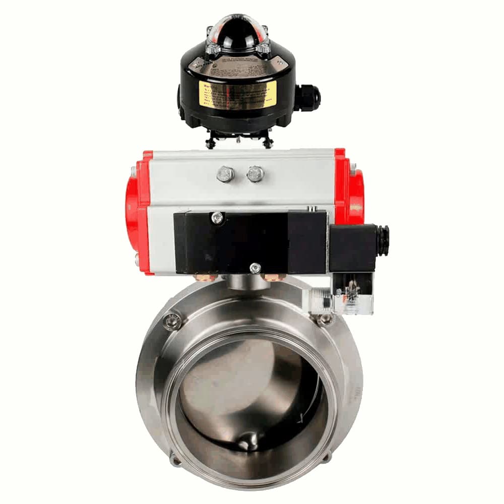 Затвор дисковый поворотный 304-304-EPDM-2W-W-H Ду25 Ру10 под приварку, пищевая нержавеющая сталь 304, уплотнение – EPDM, с пневмоприводом DA-052, пневмораспределителем PND2-S1EM-52-1NC-J08-220VAC и БКВ LSB-510-02ExM12-250