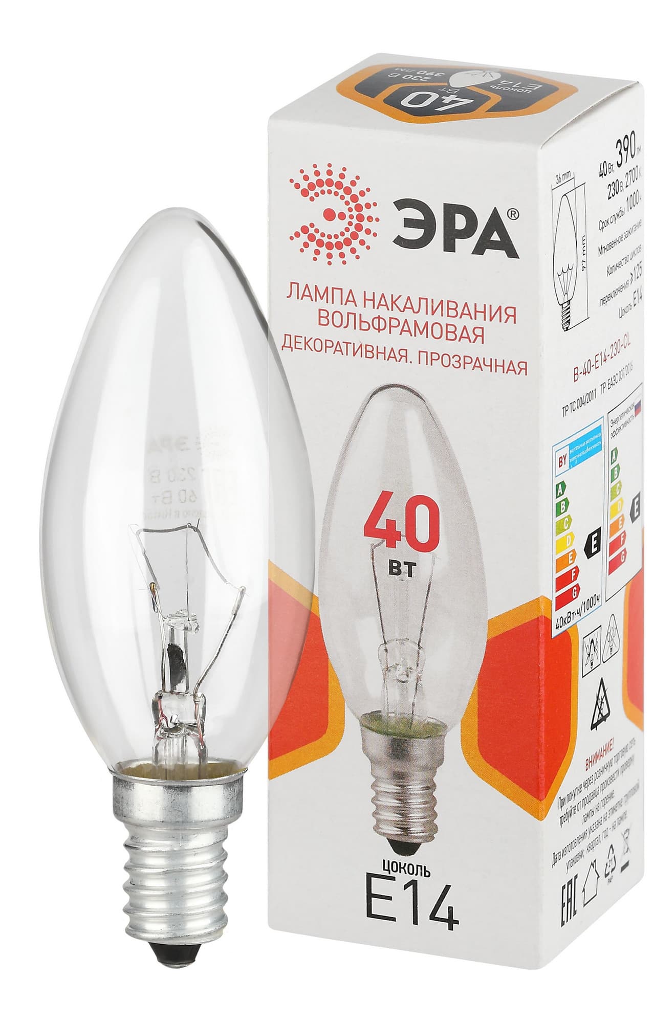 Лампа накаливания 40Вт 230В свеча прозрачная цветная коробка Е14 B-40-E14-230-CL