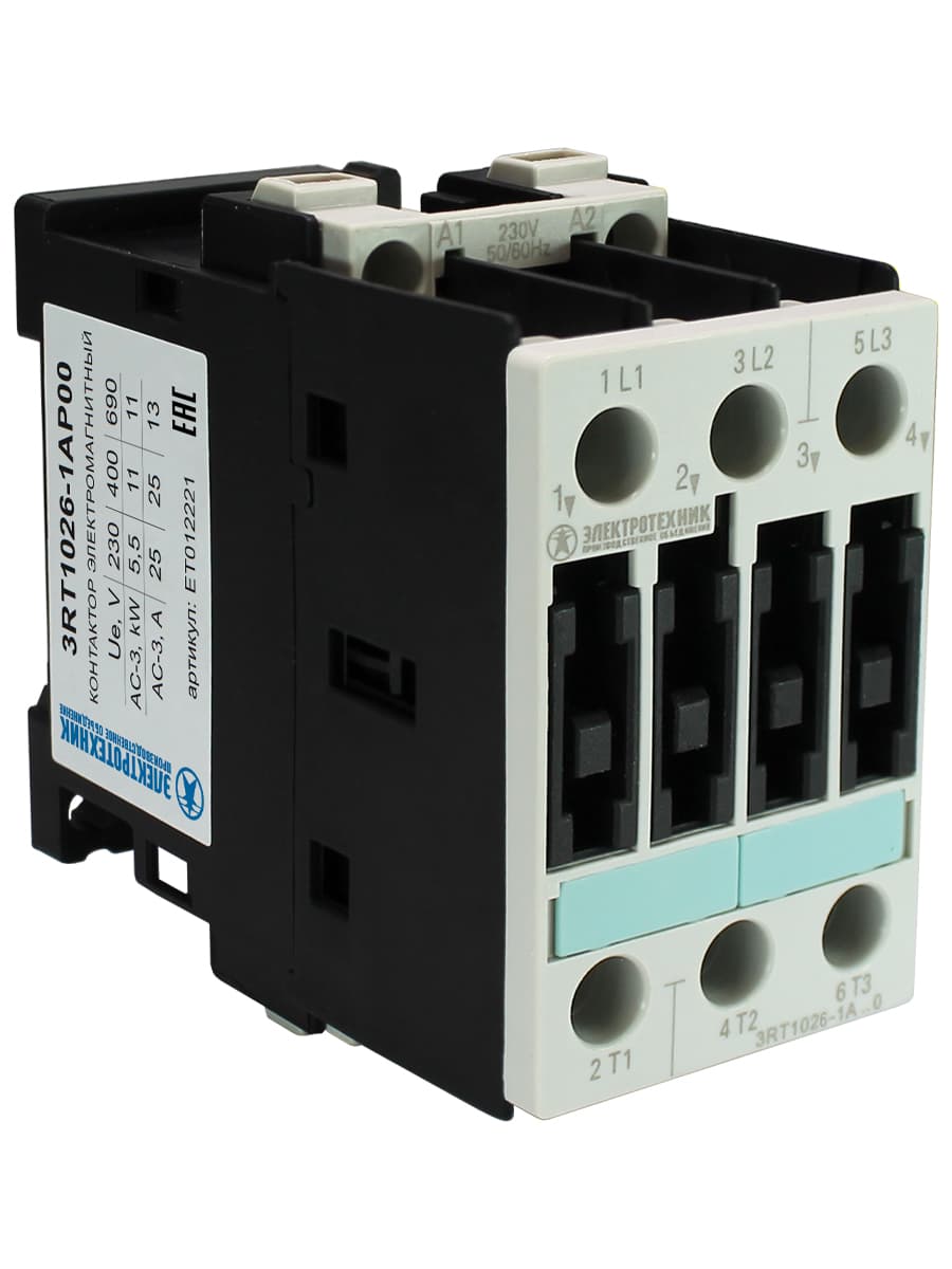 Контактор электромагнитный 3RT1026-1AP00, 3-пол., 25A, AC-3, 11кВт/400V, 230V AC, 50Гц, типоразмер S0, винтовые клеммы, IP20