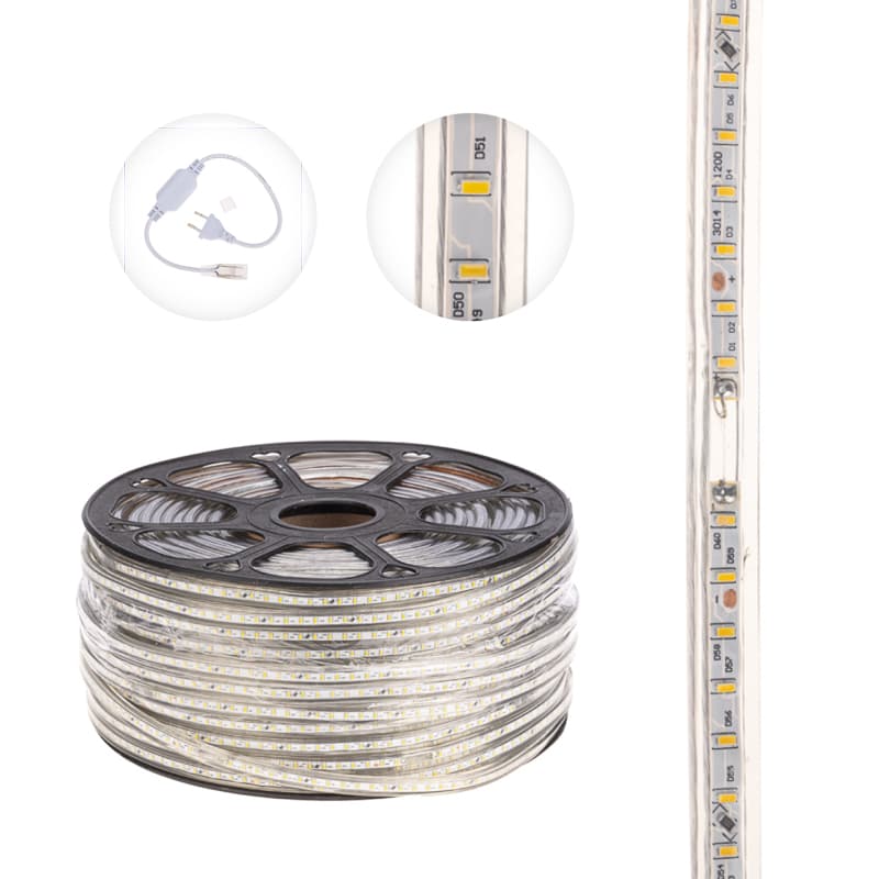 Лента LED уличная 220В, 6x10.6мм, IP67, SMD 3014, 120 LED/м, Теплый белый, 100м