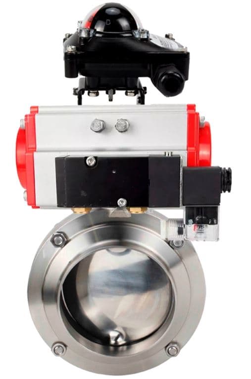 Затвор дисковый поворотный 304-304-Sil-2W-W-H Ду32 Ру10 пищевая нержавеющая сталь 304, уплотнение Silicon, с пневмоприводом SA-065, пневмораспределителем PND2-S1EM-52-1NC-J08-24VDC и БКВ LSB-210-02NM12-220/24