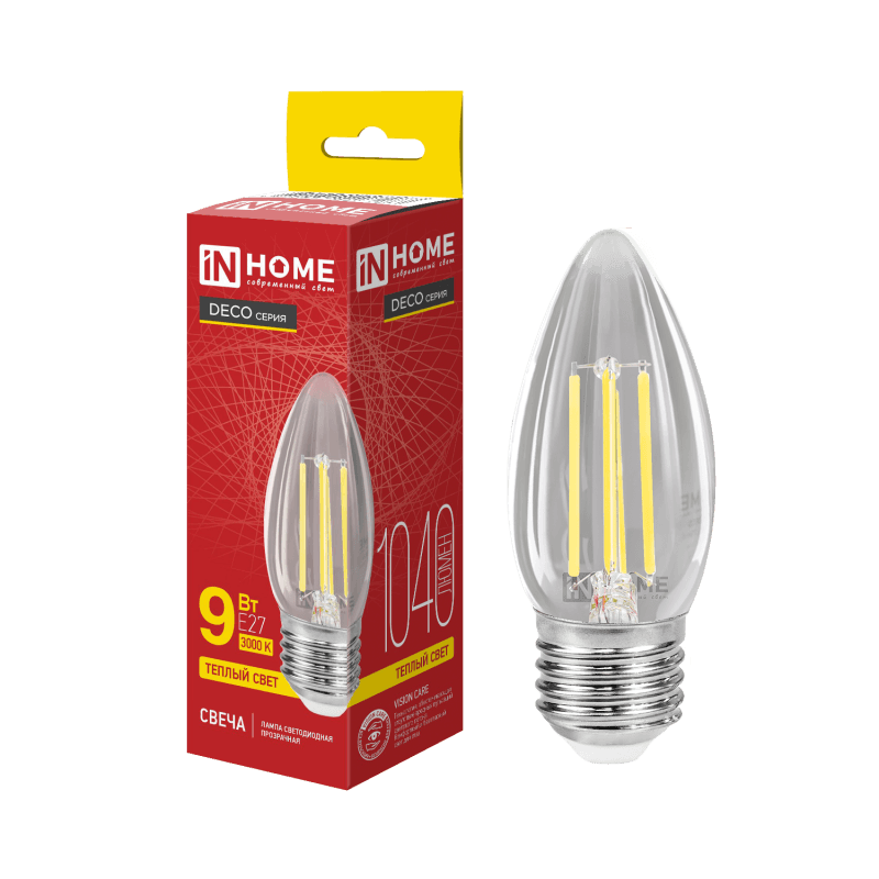 Лампа светодиодная LED-СВЕЧА-deco 9Вт 230В 230В Е27 3000К 1040Лм прозрачная IN HOME
