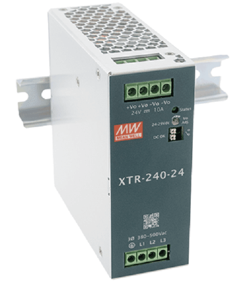Блок питания AC-DC, 240Вт, ККМ, 3-х ф., вх. 320…600В AC, 47…63450…800В DC, вых.24В10A, (пиковый 15А), рег.  вых 24…29В, изол.3000В AC, в кожухе на DIN-рейку 48х125.2х125мм,-40…+85°С, DC-OK, P linkпарал.работа 3+1, 5 лет гарантии, клемма-рычаг