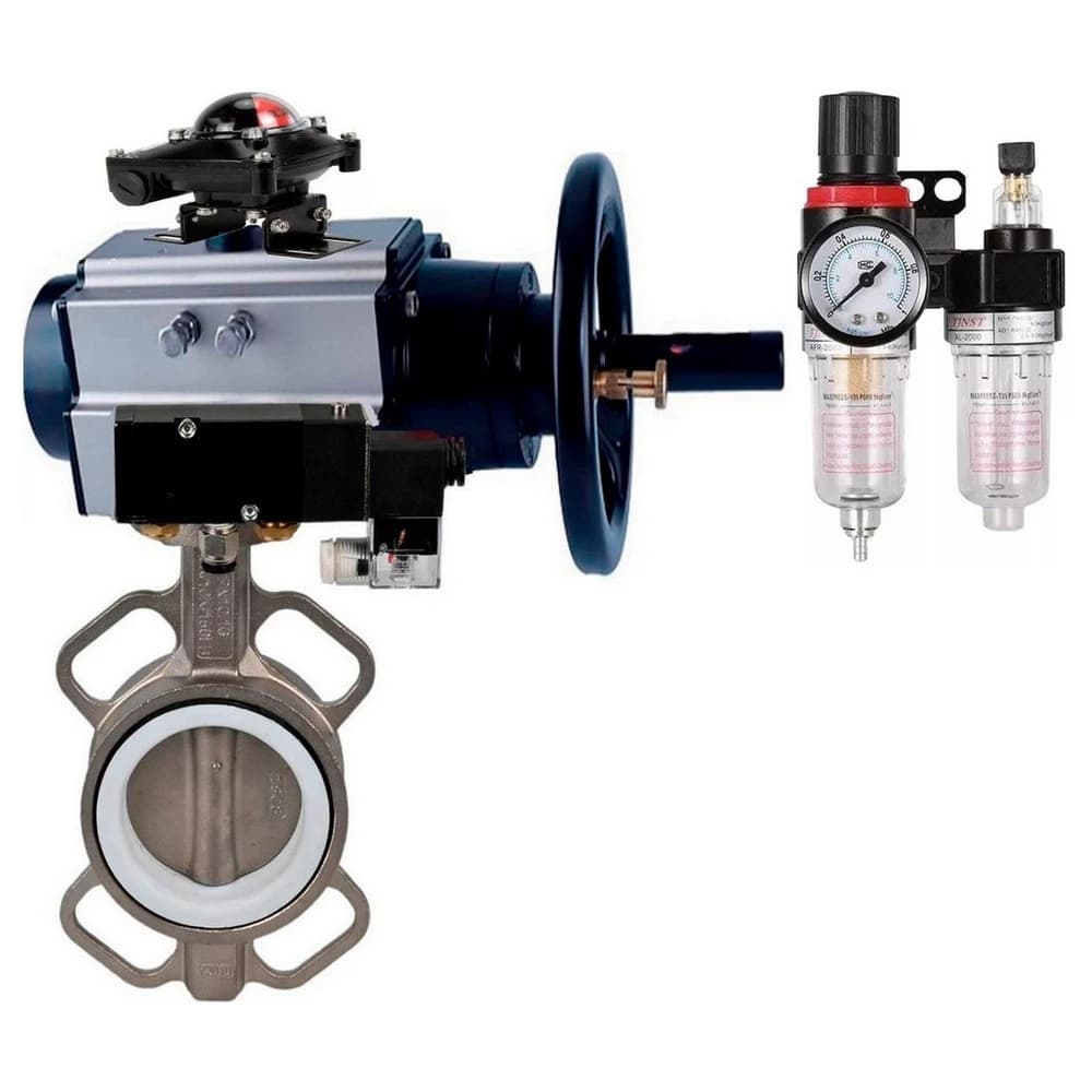 Затвор дисковый поворотный 316L-316L-PTFE Ду125 Ру16, корпус и диск нержавеющая сталь 316L, уплотнение PTFE, пневмопривод DA-105-1, пневмораспределитель PND2-S1EM-52-1NC-J08-220VAC, с БКВ LSB-510-02ExM12-250, с БПВ APU1-10-40-V08