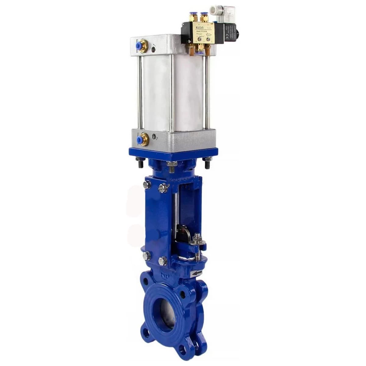 Задвижка шиберная GGG40-304-EPDM-2W-Fb-2P Ду200 Ру10 межфланцевая, с выдвижным шпинделем, корпус чугун GGG-40, уплотнение EPDM, с пневмоприводом, WENZ и пневмораспределителем PND3-S1EM-52-1NC-J08-220VAC