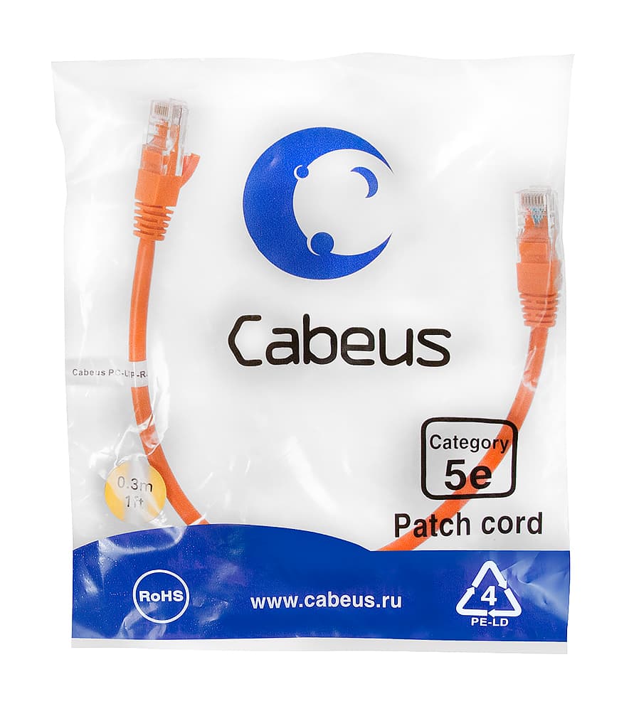 Патч-корд U/UTP, категория 5е, 2xRJ45/8p8c, неэкранированный, оранжевый, LSZH, 0.3м