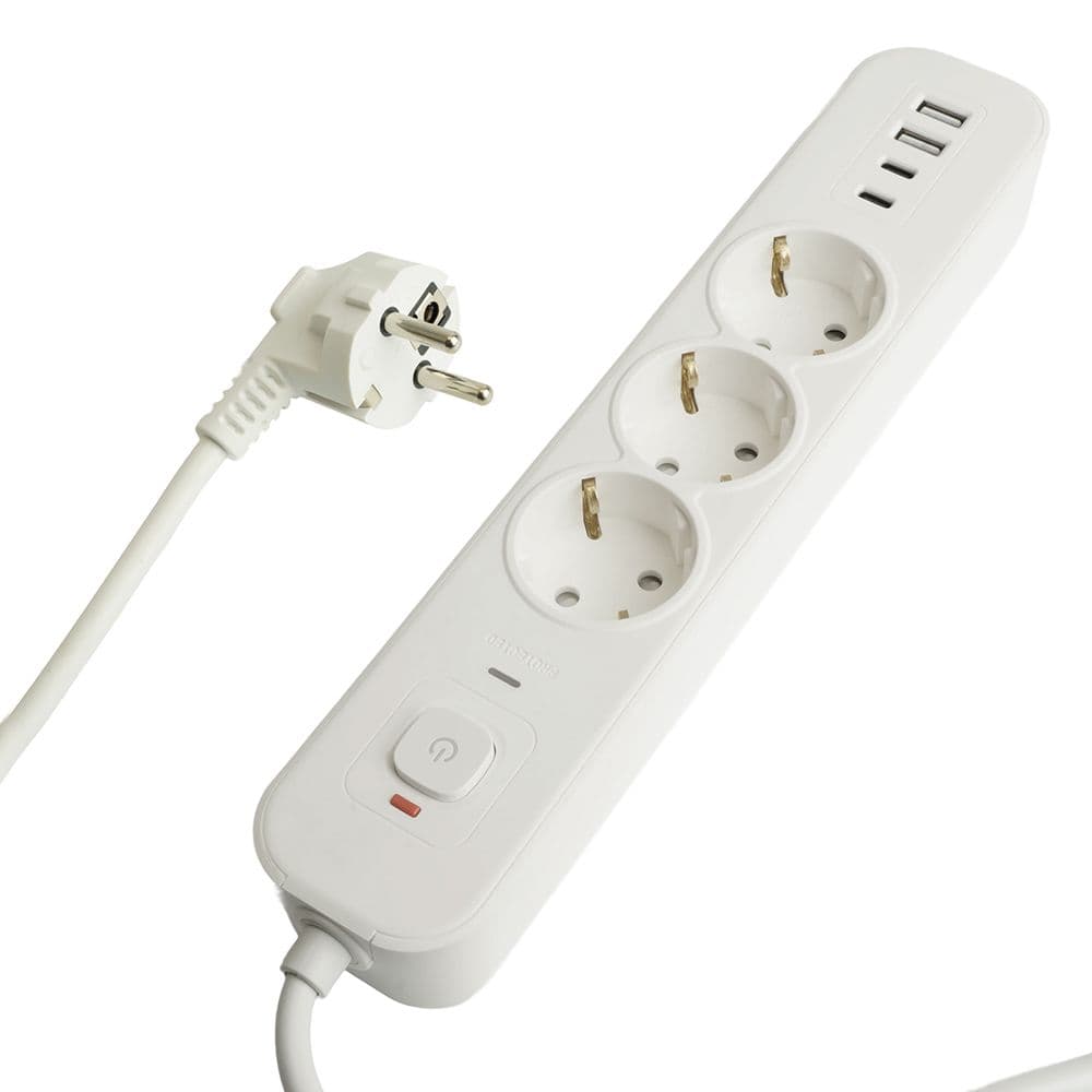 Фильтр сетевой 3-местный с/з 3x1 мм2 1,8 м 250 В 16 А 2 USB-A+2 Type-C белый HM21-31-02