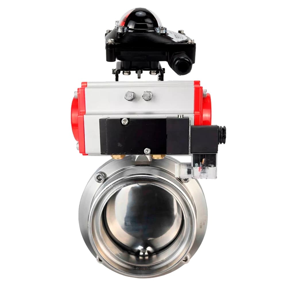 Затвор дисковый поворотный 304-304-Sil-2W-T-H Ду15 Ру10 резьбовой, пищевая нержавеющая сталь 304, уплотнение – Silicon, с пневмоприводом DA-052, пневмораспределителем PND2-S1EM-52-1NC-J08-24VDC и БКВ LSB-210-02NM12-220/24