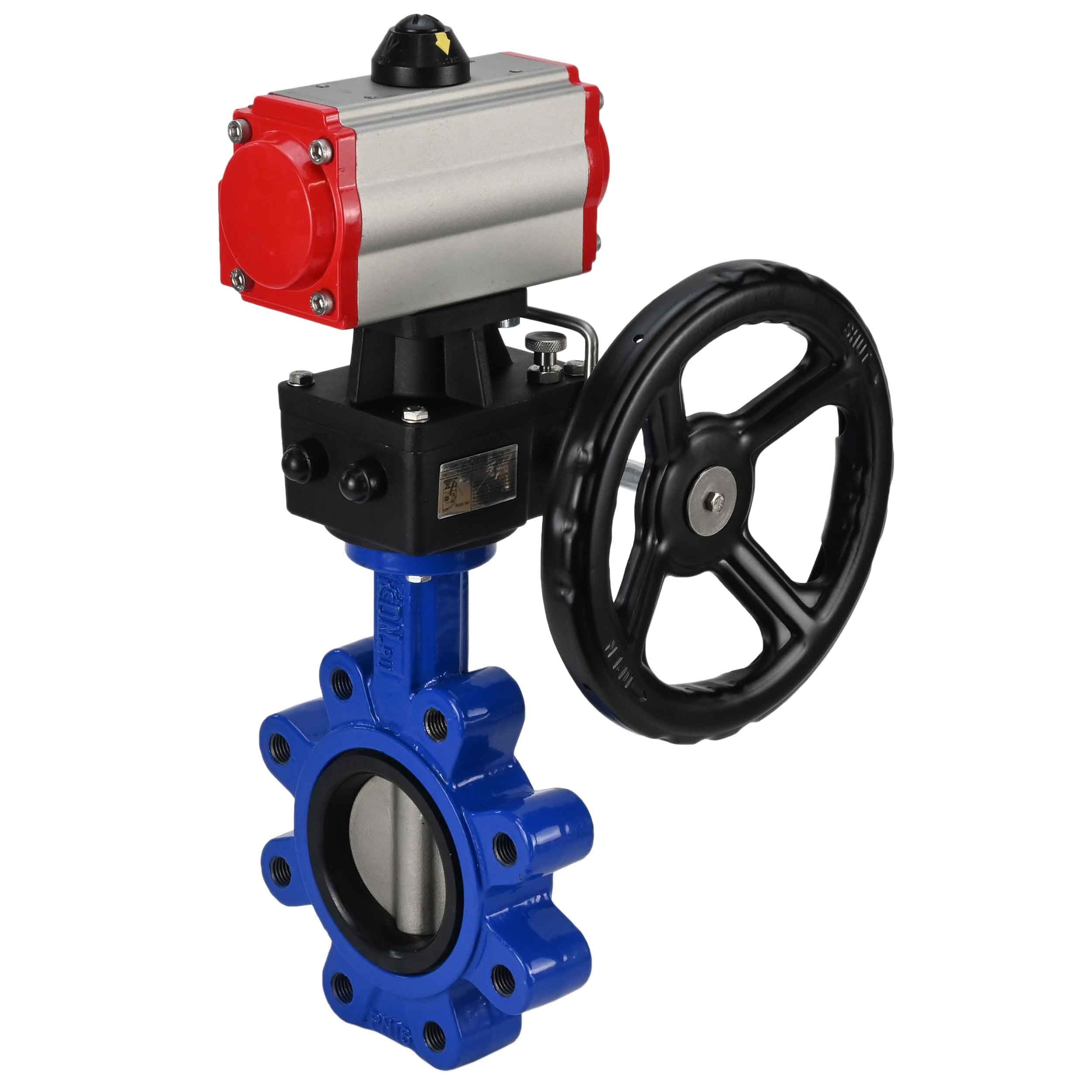 Затвор дисковый поворотный QT450-304-NBR-2W-Fb-H Ду80 Ру16 корпус чугун QT450, диск нержавеющая сталь 304, уплотнение NBR, с пневмоприводом DA-083 и редуктором HDM-2