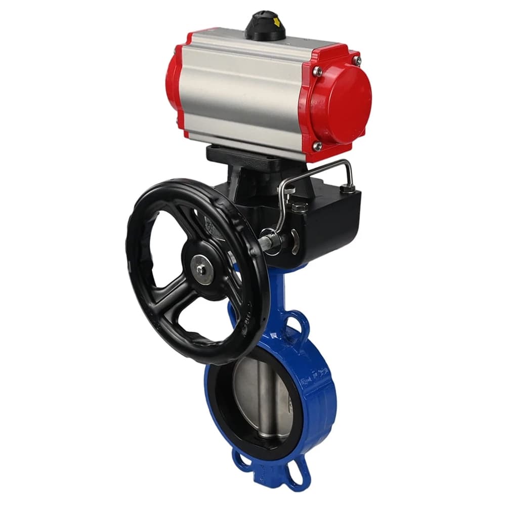 Затвор дисковый поворотный WCB-316L-VITON Ду200 Ру16, корпус углеродистая сталь WCB, диск нержавеющая сталь 316L, уплотнение Viton, с пневмоприводом DA-130, с пневмораспределителем PND1-S2EM-52-2-T08-220VAC, с ручным дублером HDM-3