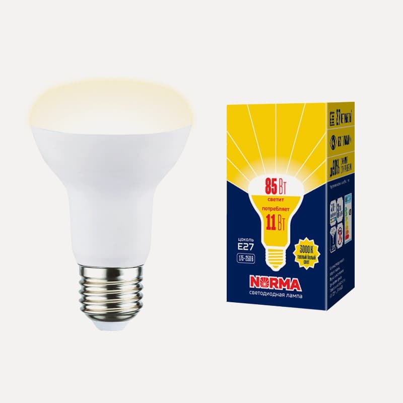 Лампа светодиодная Форма Рефлектор матовая Norma Теплый (3000K) LED-R63-11W/3000K/E27/FR/NR