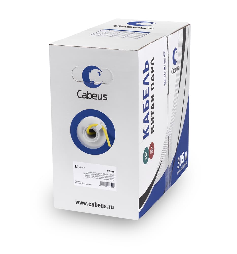 Витая пара U/UTP Cat 5e 4 пары 24 AWG solid PVC нг(А)-LS желтый 305м