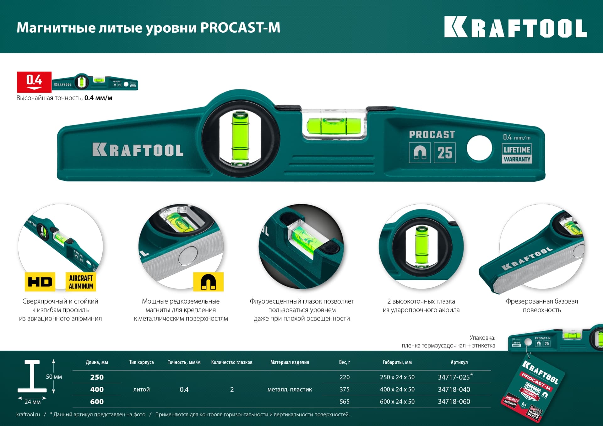 Уровень литой магнитный 600 мм PROCAST-M