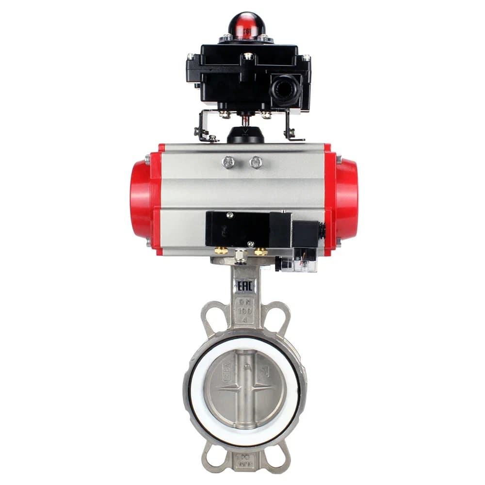 Затвор дисковый поворотный 316L-316L-PTFE Ду125 Ру16, корпус и диск нержавеющая сталь 316L, уплотнение PTFE, пневмопривод DA-105 двойного действия, пневмораспределитель PND1-S2EM-52-2-T08-220VAC, с БКВ LSB-410-02ExM12-250