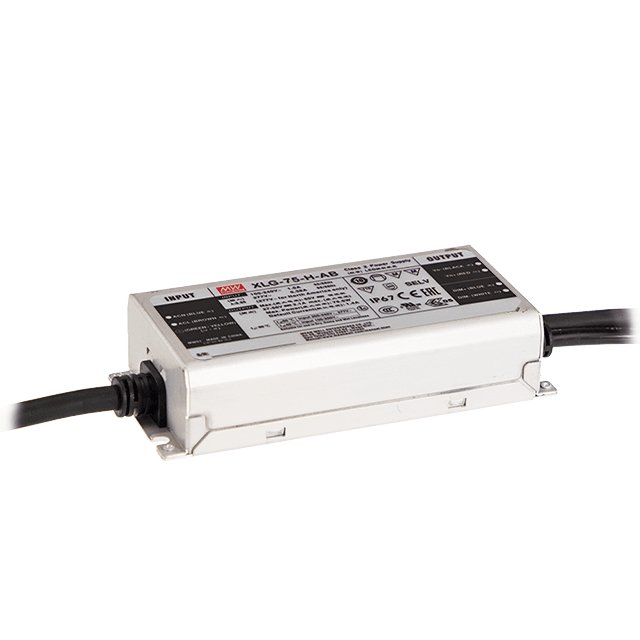 Источник питания AC-DC, 75Вт, стабилизатор тока, IP67, вход 100…305В AC, 47…63Гц, ККМ, выход 700…1050мА/53…107В (режим пост. мощности), изоляция 3750В AC, в кожухе 140х63х32мм, -40…+90°С (корпус), встр. потенциометр