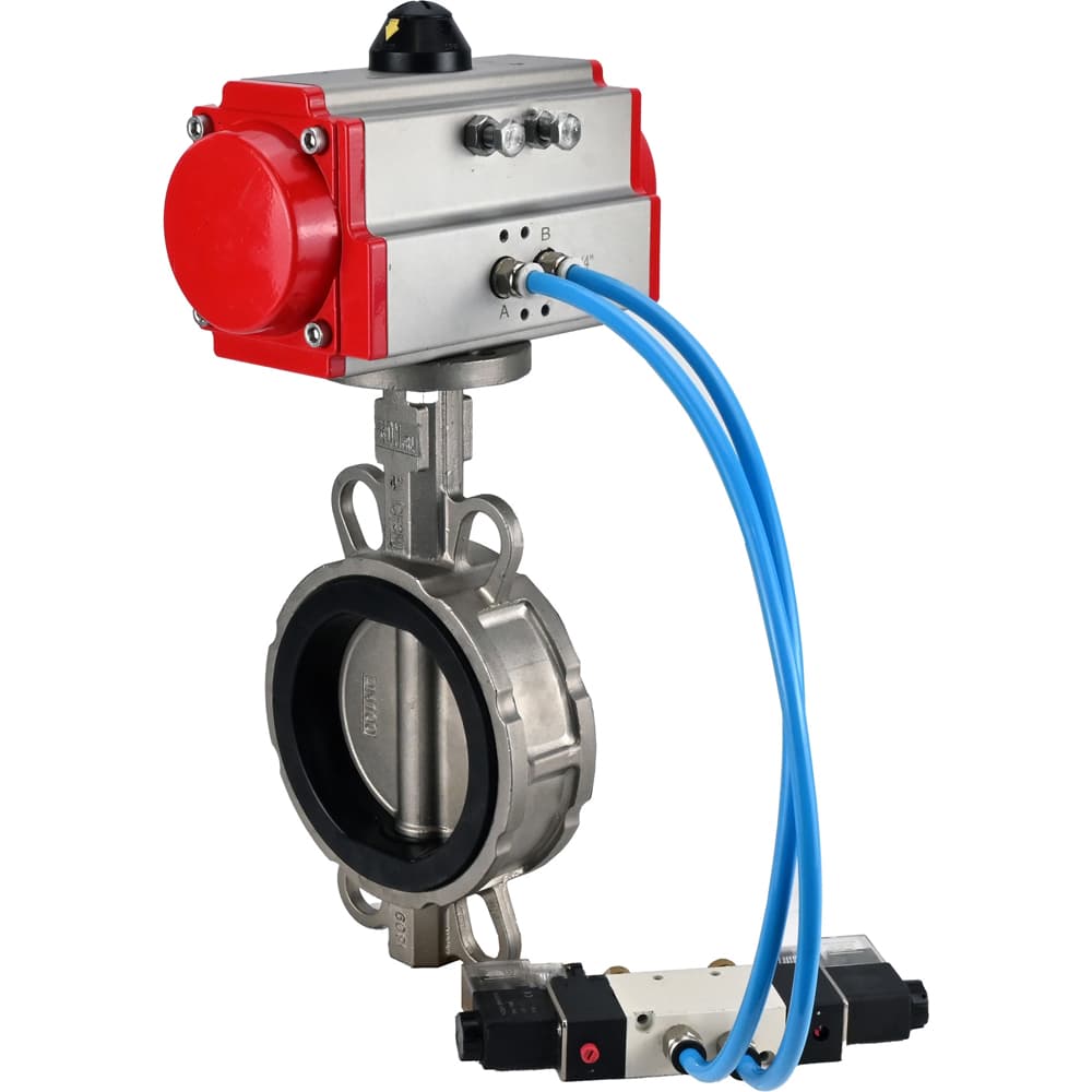 Затвор дисковый поворотный 316L-316L-VITON Ду200 Ру16, корпус и диск нержавеющая сталь 316L, уплотнение Viton, с пневмоприводом DA-130 двойного действия, с пневмораспределителем PND1-S2EM-52-2-T10-220VAC