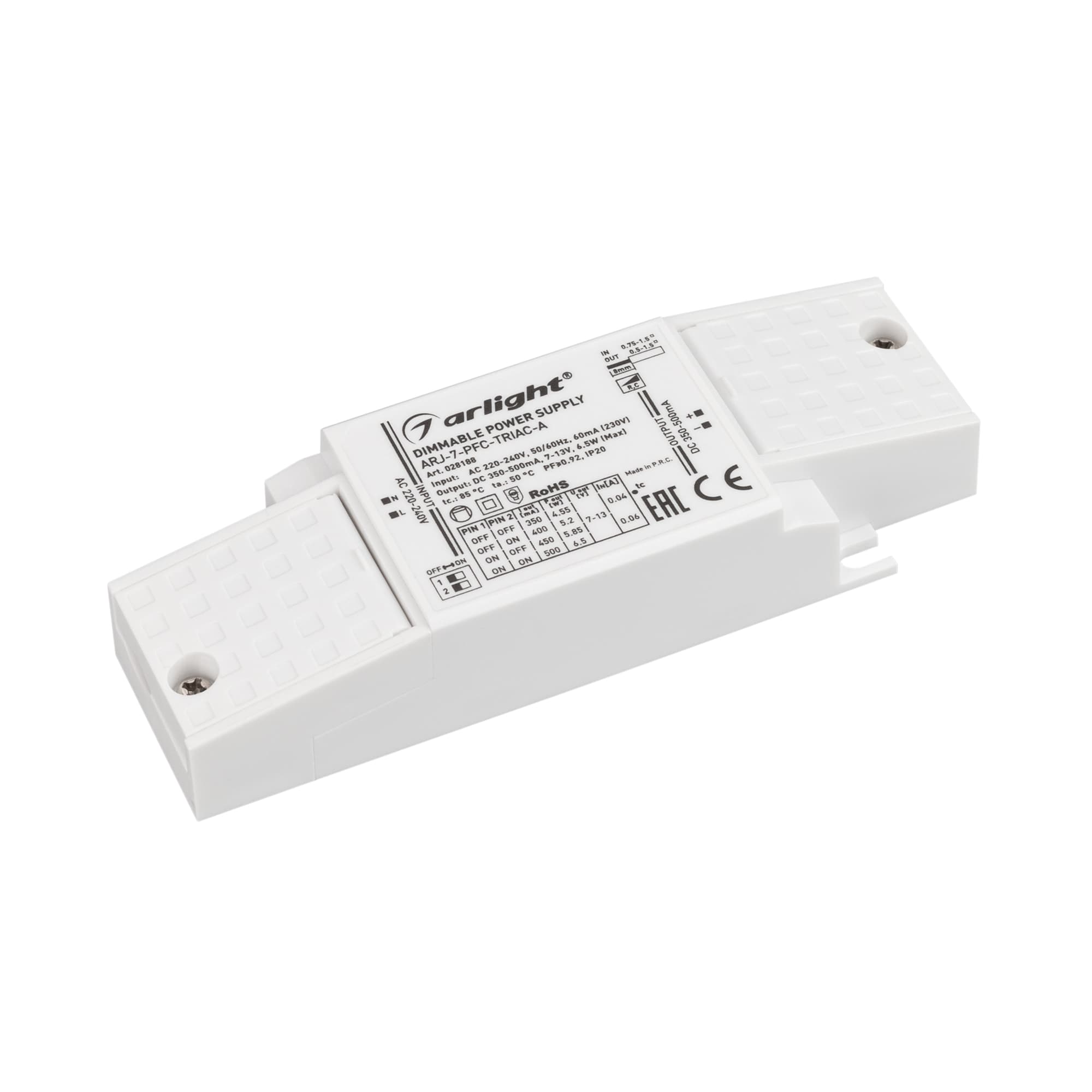 Блок питания ARJ-7-PFC-TRIAC-A (7W, 350-500mA) (ARL, IP20 Пластик, 5 лет)
