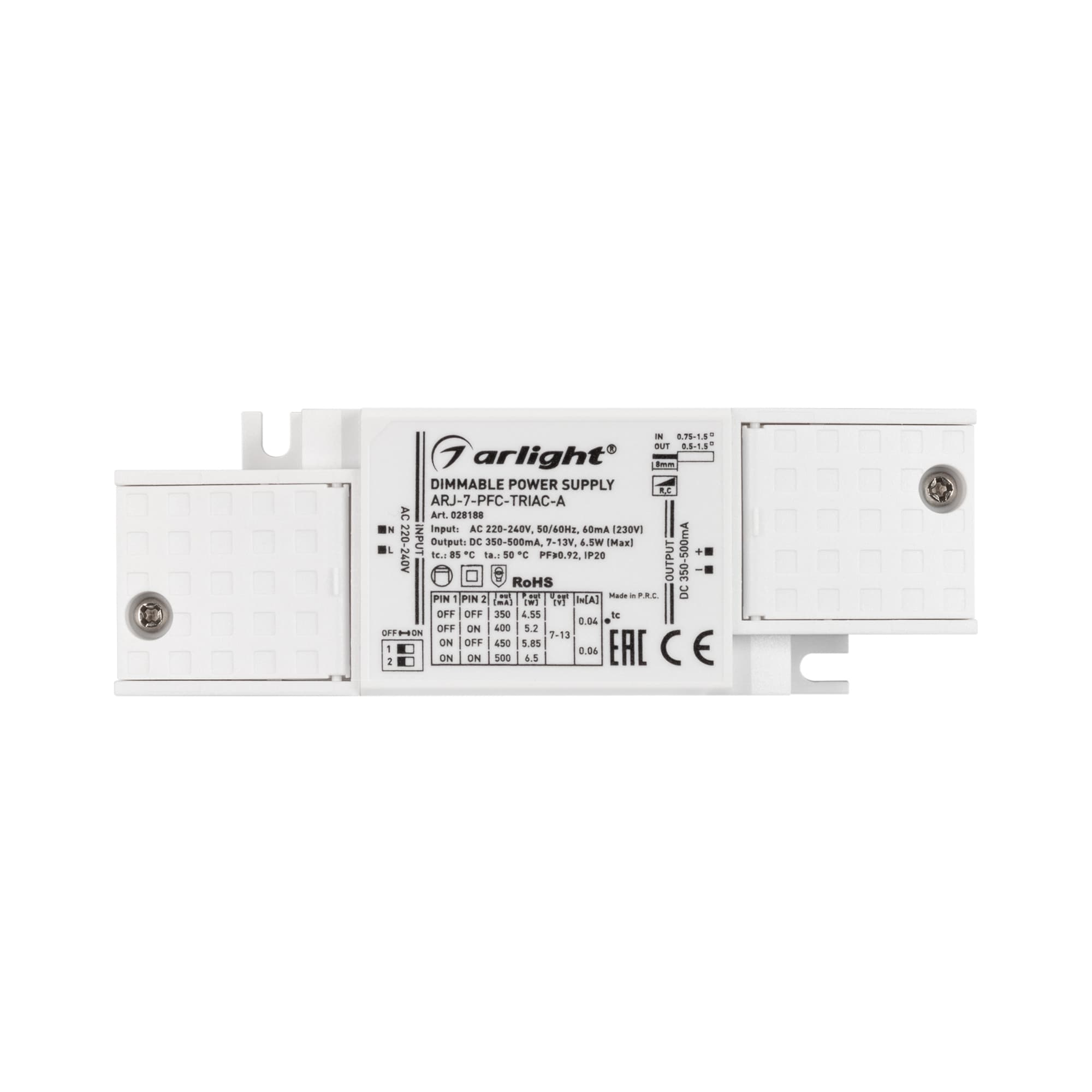 Блок питания ARJ-7-PFC-TRIAC-A (7W, 350-500mA) (ARL, IP20 Пластик, 5 лет)