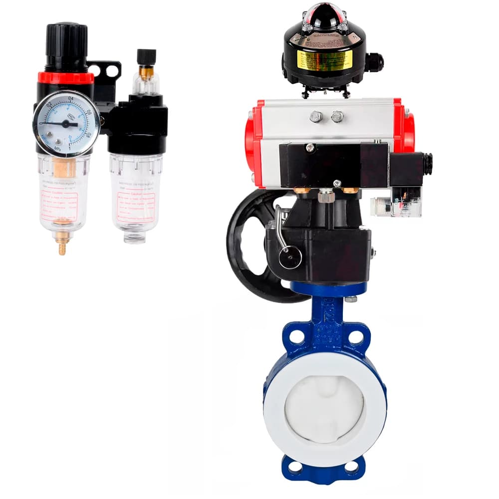 Затвор дисковый WCB-WCB-PTFE-PTFE-Fb-R Ду250 Ру16 корпус и диск углеродистая сталь, футерованный, уплотнение PTFE, пневмопривод DA-130, пневмораспределитель PND2-S1EM-52-1NC-J08-24VDC, БКВ LSB-510-02ExM12-250, дублёр HDM-3 и БПВ APU1-10-40-V08