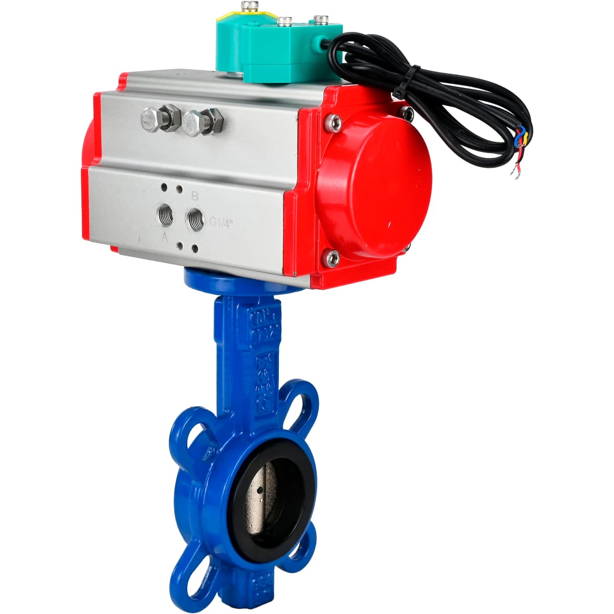 Затвор дисковый поворотный GGG50-GGG40-EPDM Ду40 Ру16 корпус чугун GGG50, диск чугун GGG40, уплотнение EPDM, 9х9, F05, с пневмоприводом DA-052 и магнитным переключателем МППП-200