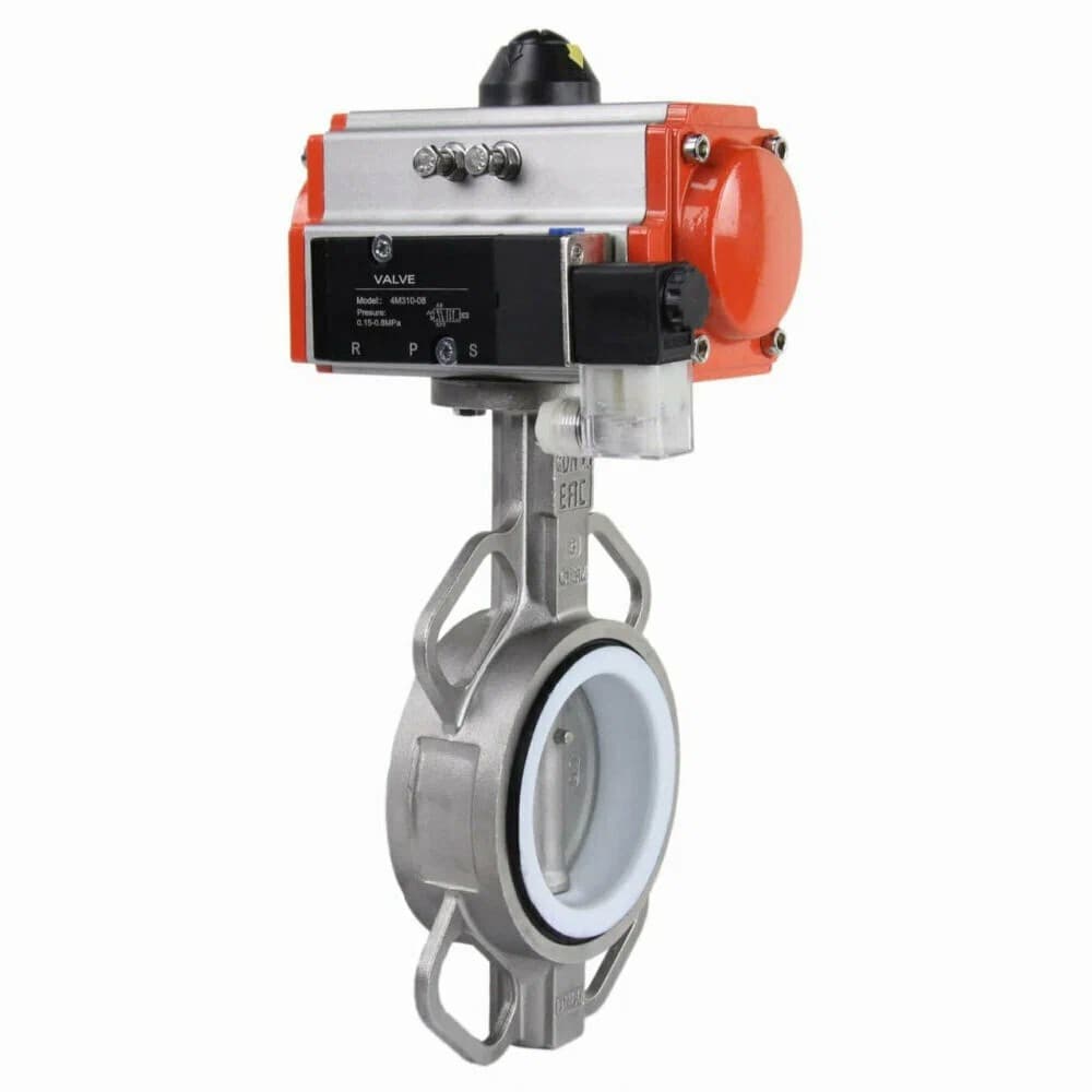 Затвор дисковый поворотный 316L-316L-PTFE Ду125 Ру16, корпус и диск нержавеющая сталь 316L, уплотнение PTFE, с пневмоприводом DA-105 двойного действия, с пневмораспределителем PND1-S2EM-52-2-T08-220VAC