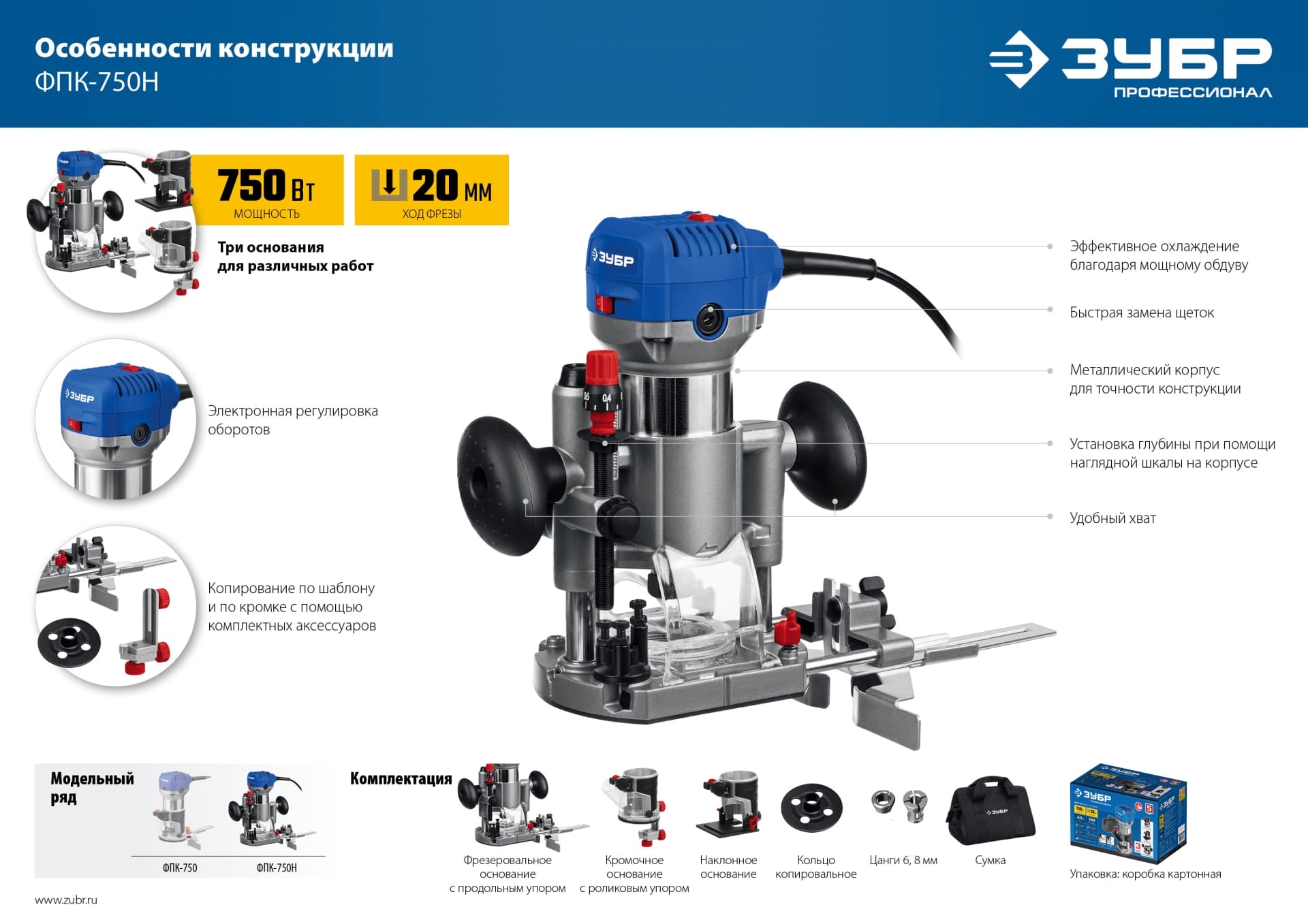 Фрезер кромочный 750 Вт, сумка, 3 основания, Профессионал