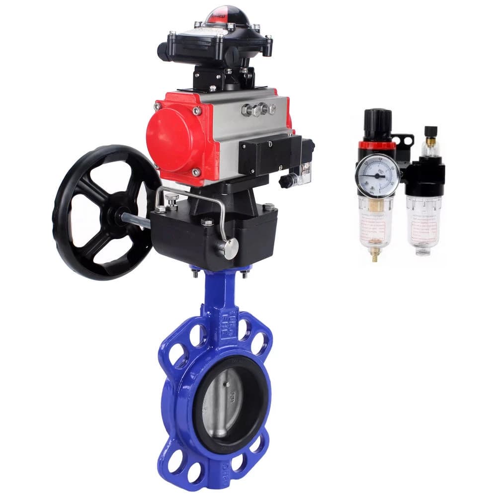 Затвор дисковый поворотный WCB-316-VITON-2W-Fb Ду150 Ру16, корпус углеродистая сталь WCB, VITON, с пневмоприводом DA-105, с пневмораспределителем PND1-S2EM-52-2-T08-220VAC, БКВ LSB-410-02ExM12-250, ручным дублером HDM-3, БПВ APU1-10-40-V08