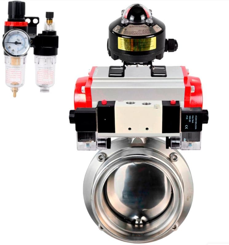 Затвор дисковый поворотный 304-304-Sil-2W-T-H Ду40 Ру10 пищевая нержавеющая сталь 304, уплотнение Silicon, с пневмоприводом SA-065, пневмораспределителем PND1-S2EM-52-2-T10-220VAC, БКВ LSB-510-02ExM12-250 и БПВ APU1-10-40-V08