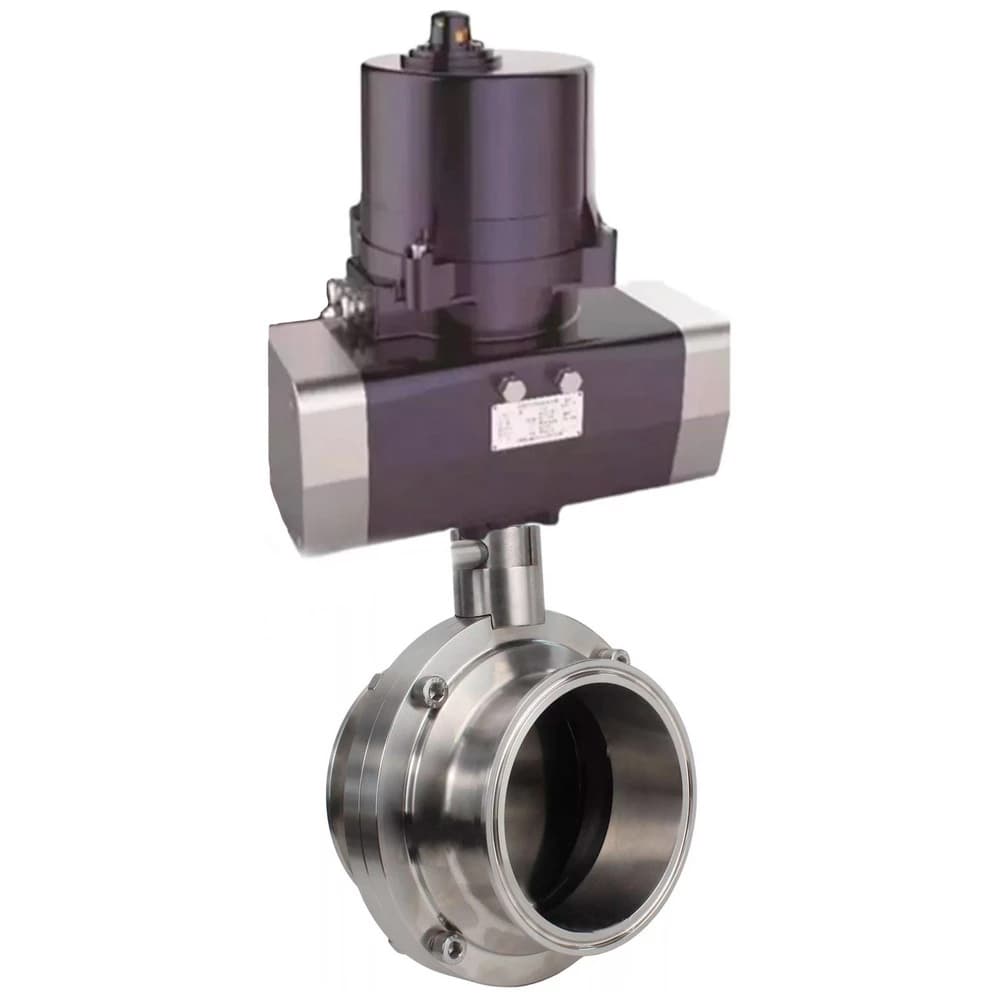 Затвор дисковый поворотный 304-304-Sil-2W-C-H Ду80 Ру10 кламповый, корпус пищевая нержавеющая сталь AISI 304, диск нержавеющая сталь AISI 304, уплотнение Silicon, с электроприводом (сервоприводом) ЭПВП-003 220В с пружинным возвратом