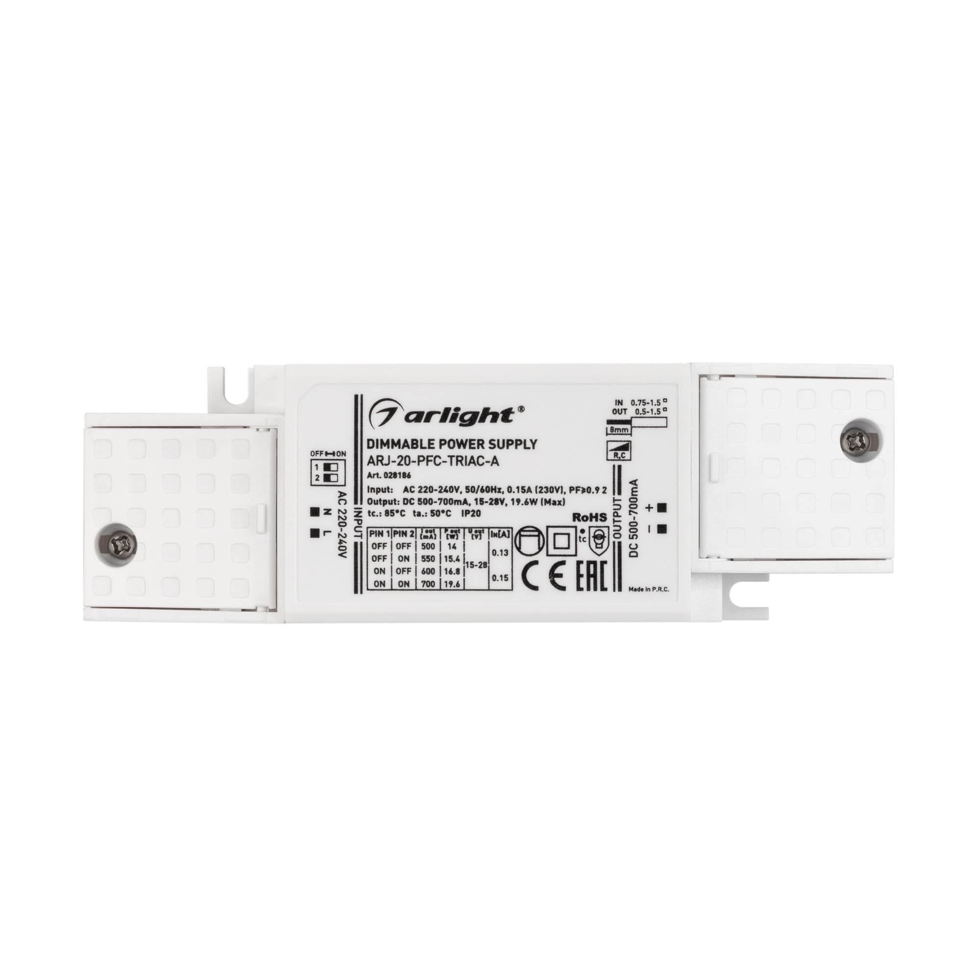 Блок питания ARJ-20-PFC-TRIAC-A (20W, 500-700mA) (ARL, IP20 Пластик, 5 лет)