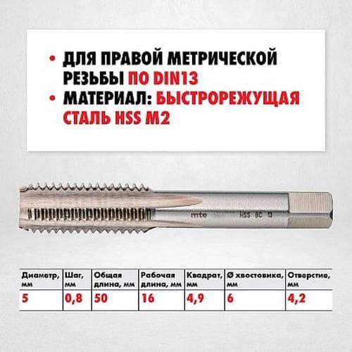 Метчики ручные HSS DIN 352, комплект 3 шт. M5X0,8