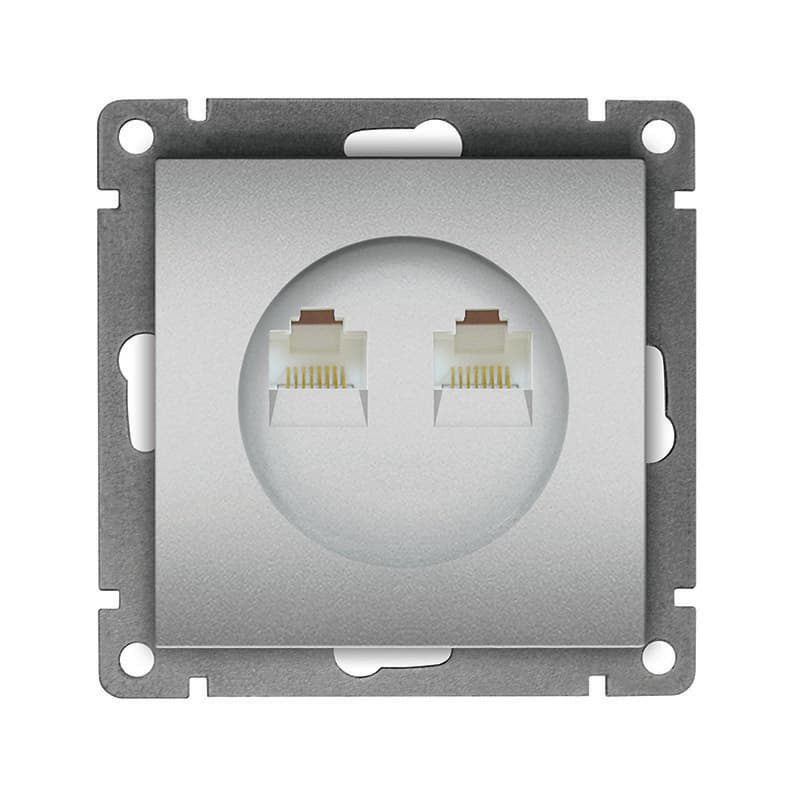 Розетка компьютерная двухместная UNIVersal серия Афина с/у, 1А, RJ45, серебро (еврослот), механизм