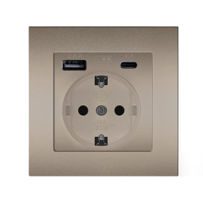 Розетка скрытой установки, с заземлением, c USB Type-A 2,4A+ Type-C 4A серия Афина , 220В, механизм, шампань
