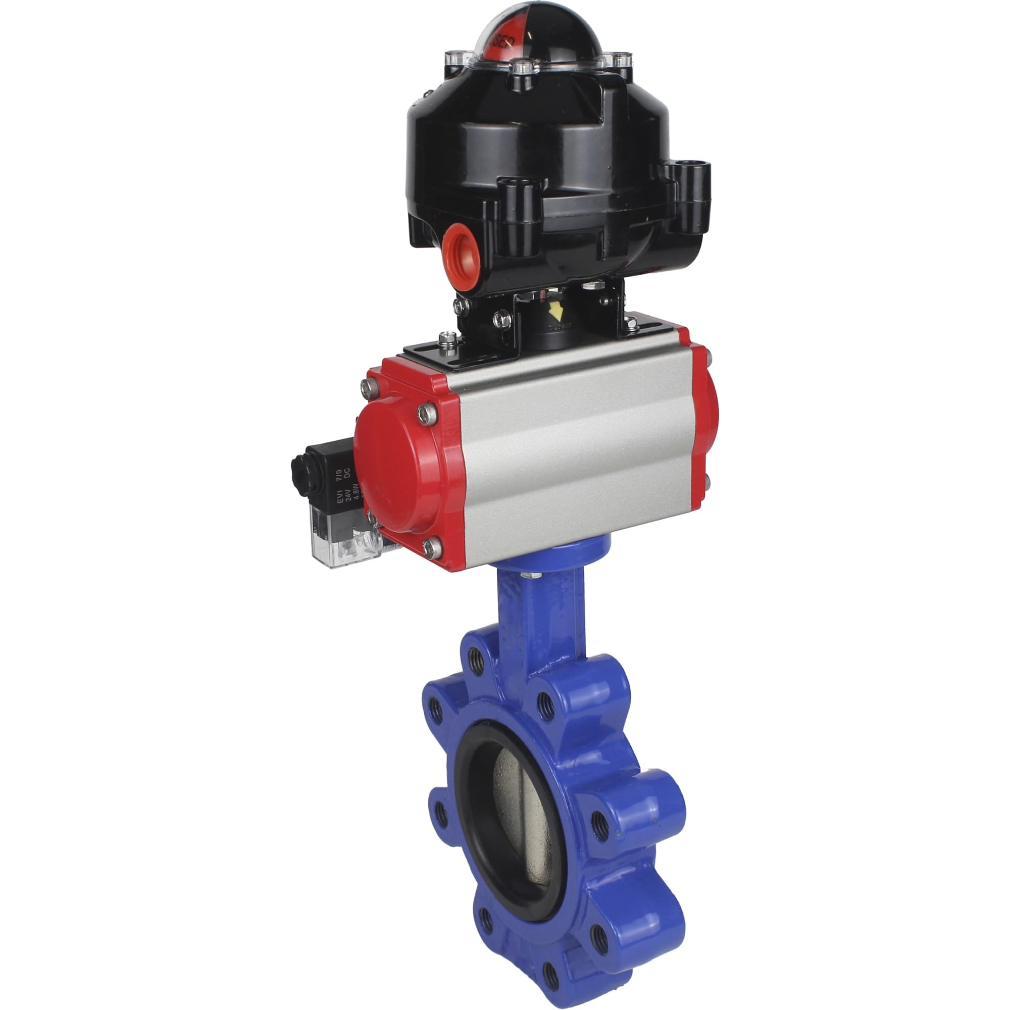 Затвор дисковый поворотный QT450-304-EPDM-2W-Fb-H Ду100 Ру16 чугун QT450, диск нержавеющая сталь 304, уплотнение EPDM, пневмопривод DA-083, пневмораспределитель PND2-S1EM-52-1NC-J08-220VAC и БКВ LSB-510-02ExM12-250