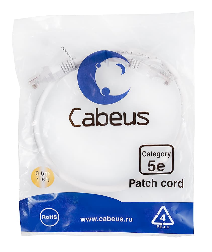 Патч-корд U/UTP, категория 5е, 2xRJ45/8p8c, неэкранированный, белый, PVC, 0.5м