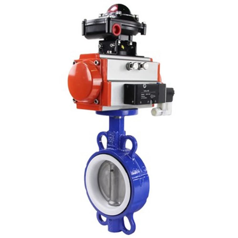 Затвор дисковый поворотный WCB-316L-PTFE Ду65 Ру16, корпус углеродистая сталь WCB, диск нержавеющая сталь 316L, уплотнение PTFE, с пневмоприводом DA-083, с пневмораспределителем PND1-S2EM-52-2-T10-220VAC, с БКВ LSB-210-02NM12-220/24