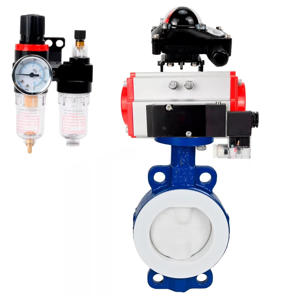 Затвор дисковый WCB-WCB-PTFE-PTFE-Fb-R Ду150 Ру16 корпус и диск углеродистая сталь WCB, футерованный PTFE, уплотнение PTFE, пневмопривод DA-105, пневмораспределителем PND2-S1EM-52-1NC-J08-24VDC, БКВ LSB-210-02NM12-220/24 и БПВ APU1-10-40-V08
