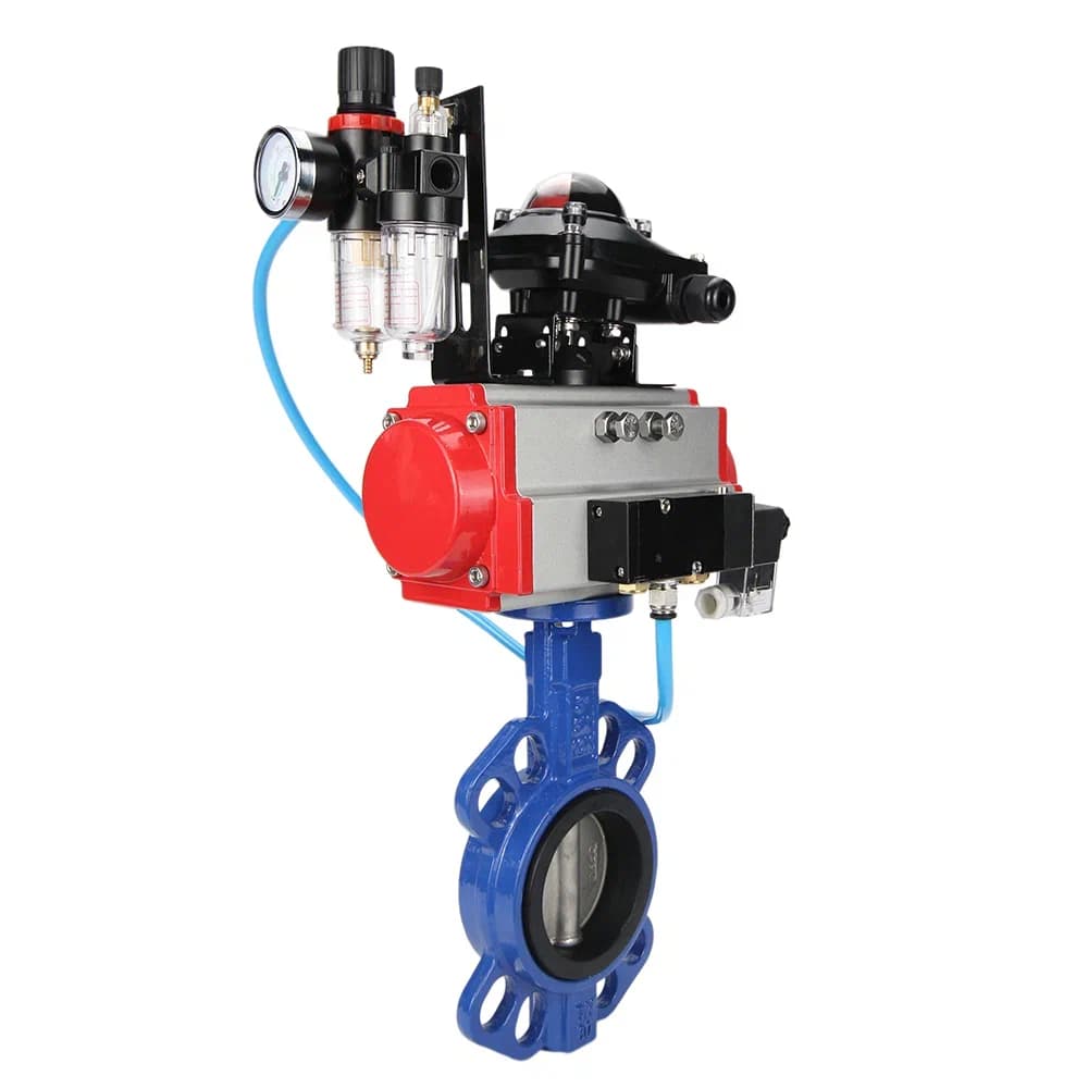 Затвор дисковый поворотный GG25-316L-NBR Ду125 Ру16, корпус чугун GG25, диск нержавеющая сталь 316L, уплотнение NBR, с пневмоприводом SA-140, с пневмораспределителем PND1-S2EM-52-2-T10-220VAC, с БКВ LSB-410-02ExM12-250, с БПВ APU1-10-40-V08