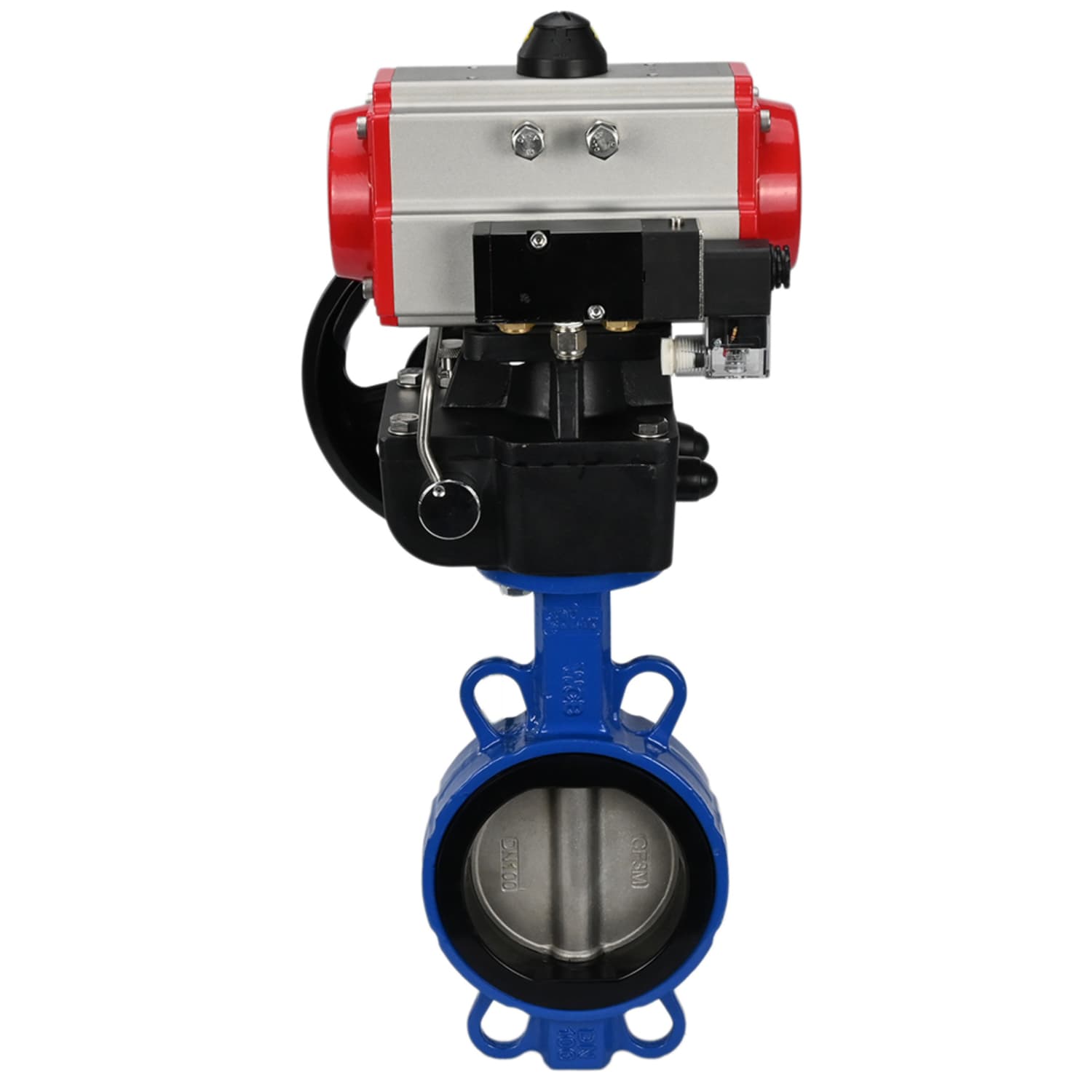 Затвор дисковый поворотный WCB-316L-VITON Ду100 Ру16, корпус углеродистая сталь WCB, диск нержавеющая сталь 316L, уплотнение Viton, с пневмоприводом DA-083, с пневмораспределителем PND2-S1EM-52-1NC-J08-24VDC, с ручным дублером HDM-2