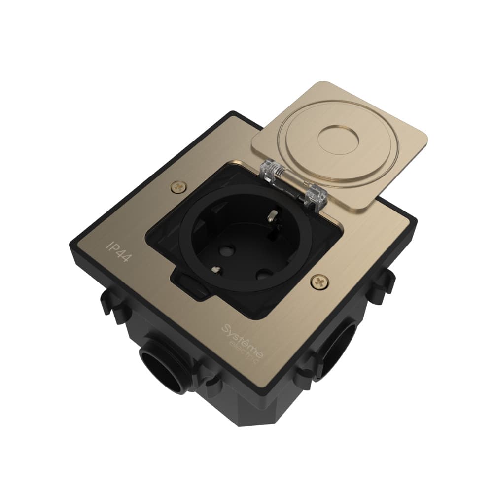 Лючок MultiDeS с розеткой 2К+З 16А/250В IP44 с монтажной коробкой для бетонных полов Никель тип MDK21