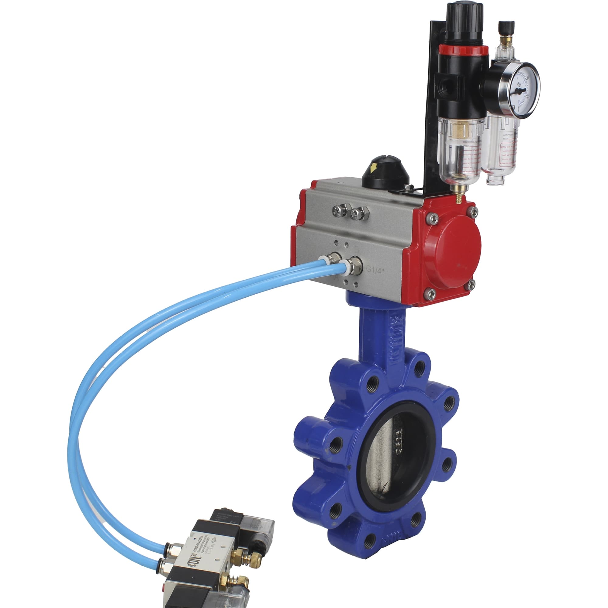 Затвор дисковый поворотный QT450-304-NBR-2W-Fb-H Ду125 Ру16 корпус чугун QT450, диск нержавеющая сталь 304, уплотнение NBR, с пневмоприводом DA-105, пневмораспределителем PND1-S2EM-52-2-T10-220VAC и БПВ APU1-10-40-V08