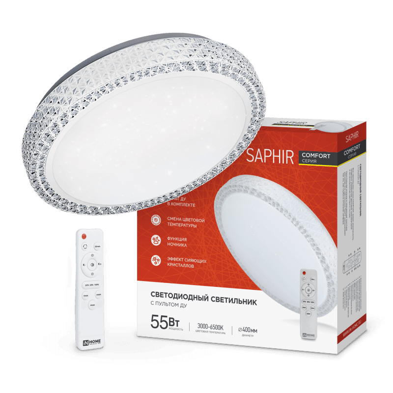 Светильник светодиодный COMFORT SAPHIR 55Вт 230В 3000-6500K 4400Лм 395x105мм с пультом ДУ IN HOME